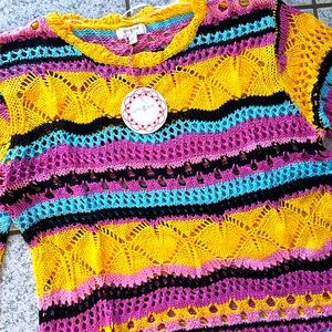 Umgee Striped Crochet Sweater New Knit Pink Yellow long sleeve pullover